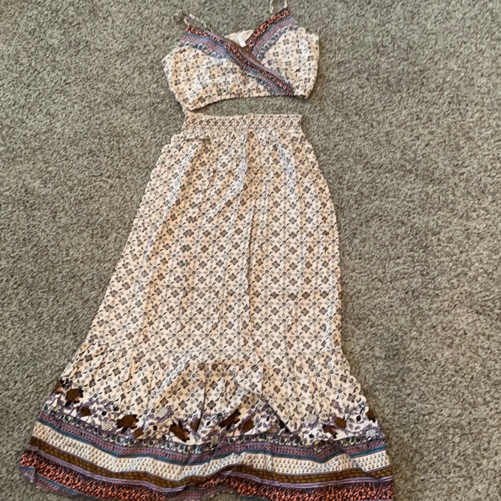 Two piece boho crop top and maxi skirt outfit